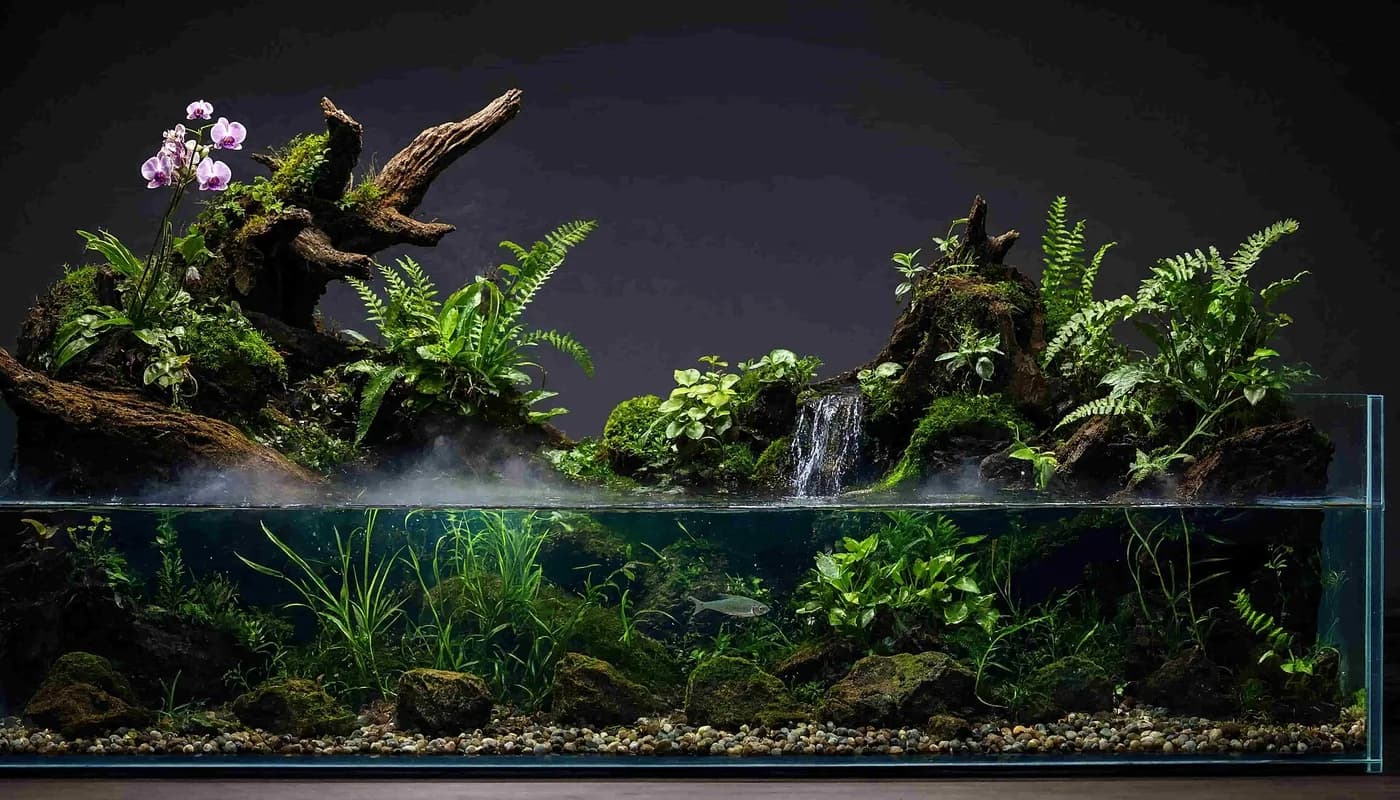 A Nature Aquarium style aquascape with driftwood, ferns, mosses and a stream, planted above and below the waterline
